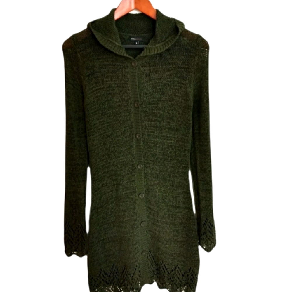 BCBG MAX AZRIA Long Olive Green Hooded Sweater L
